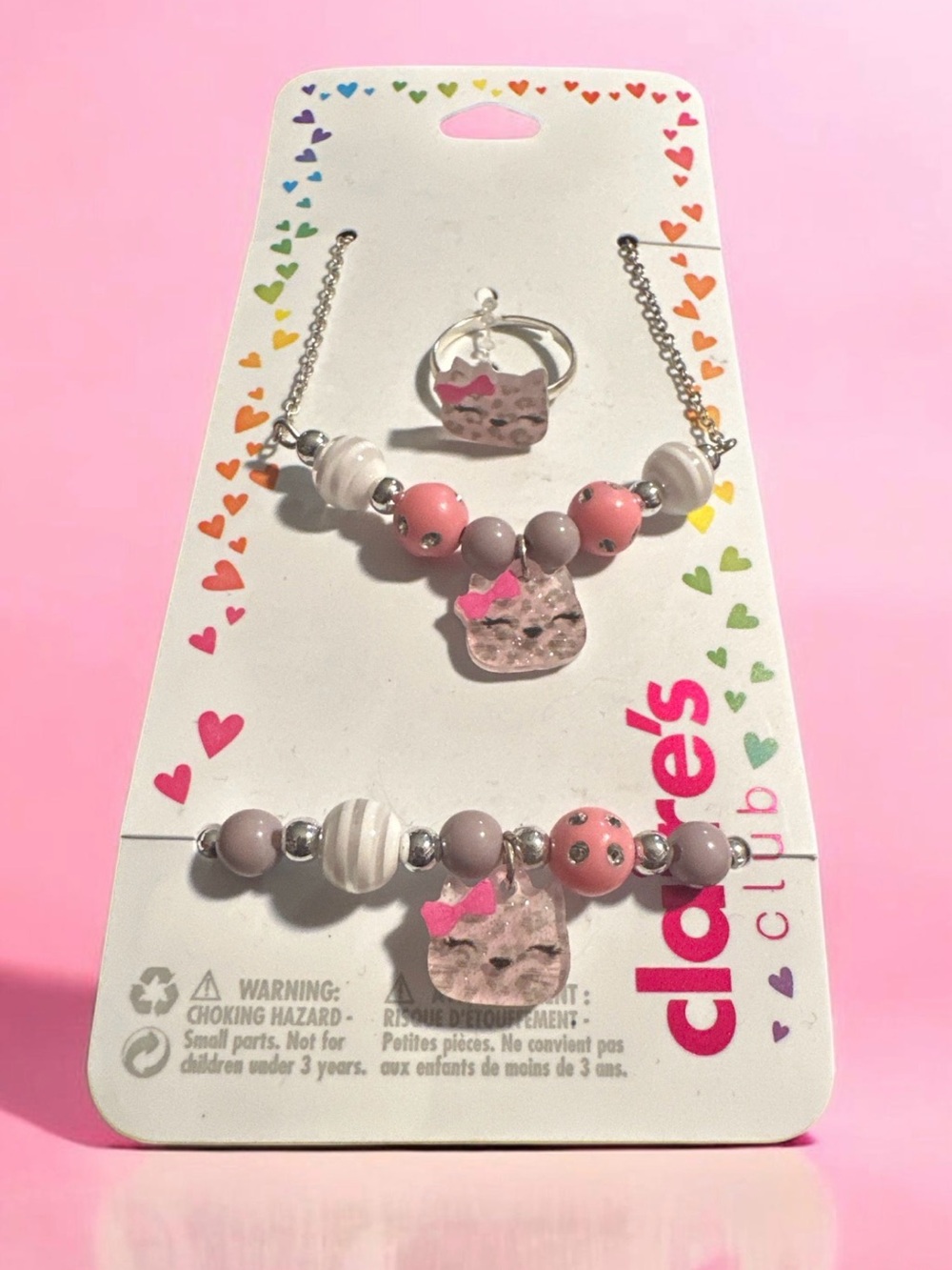 Claire's Pink Beaded Kids Jewelry Set - Necklace, Bracelet & Ring
809